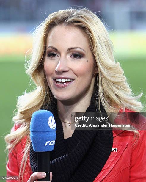 Presenter Andrea Kaiser looks on during the charity match for earthquake victims in Haiti between ran Allstar team and National team of Haiti at...