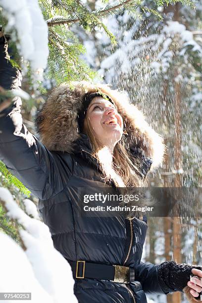 woman underneath a tree, snow drizzling - kathrin ziegler stockfoto's en -beelden