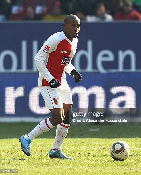 Ibrahim Traore of Augsburg runs with the ball during the Second Bundesliga match between FC Augsburg and SC Paderborn at Impuls Arena on March 7,...