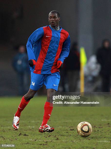 Guemsly Joseph of Haiti runs with the ball during the charity match for earthquake victims in Haiti between ran Allstar team and National team of...