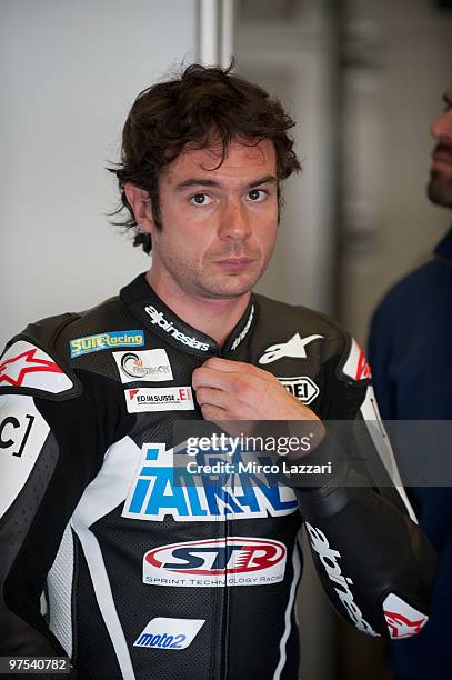 Roberto Rolfo of Italy and Italtrans S.T.R. Looks on during the second day of testing at Circuito de Jerez on March 7, 2010 in Jerez de la Frontera,...