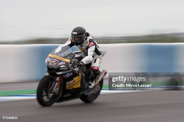 Thomas Luthi of Switzerland and Interwetten Moriwaki Racing heads down a straight during the first day of testing at Circuito de Jerez on March 6,...