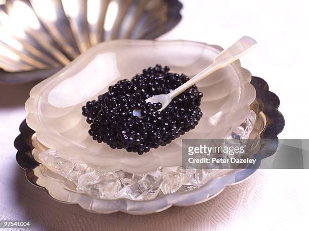 caviar on ice with spoon - kaviaar stockfoto's en -beelden