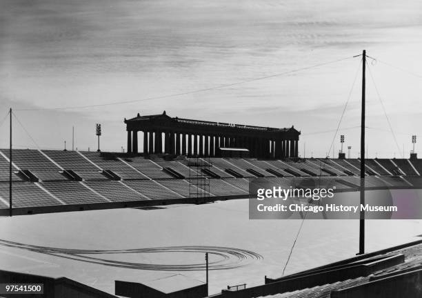 Daytime view of the field at Chicago's football stadium, Soldier Field, 1953.