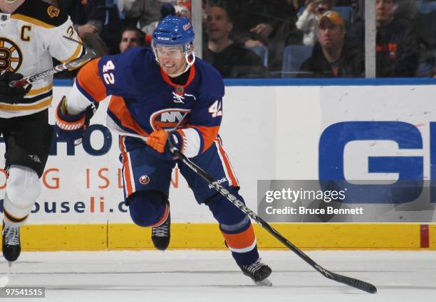 Dylan Reese of the New York Islanders skates against the Boston Bruins at the Nassau Coliseum on March 6, 2010 in Uniondale, New York.