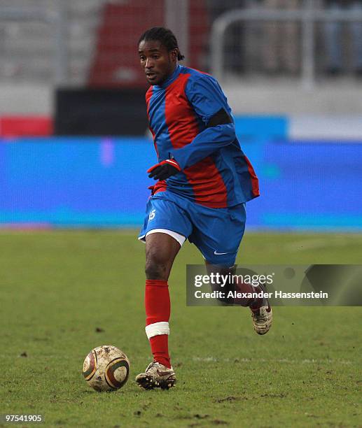 Raymond Ednerso of Haiti runs with the ball during the charity match for earthquake victims in Haiti between ran Allstar team and National team of...