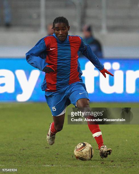Raymond Ednerso of Haiti runs with the ball during the charity match for earthquake victims in Haiti between ran Allstar team and National team of...