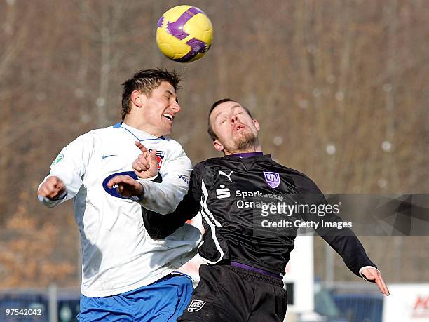 Florian Krebs of Heidenheim battles for the ball with Benjamin Siegert of Osnabrueck during the 3. Liga match between 1. FC Heidenheim andVfL...