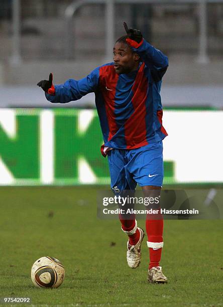 Raymond Ednerso of Haiti runs with the ball during the charity match for earthquake victims in Haiti between ran Allstar team and National team of...