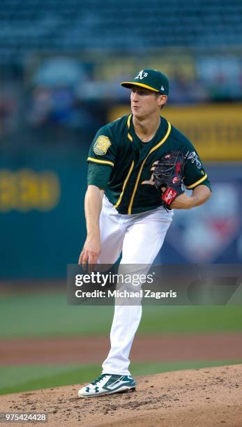 Daniel Gossett of the Oakland Athletics pitches during the game against the Tampa Bay Rays at the Oakland Alameda Coliseum on May 29, 2018 in...