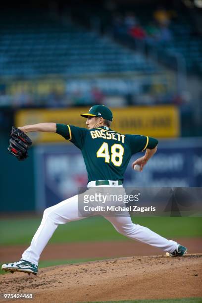 Daniel Gossett of the Oakland Athletics pitches during the game against the Tampa Bay Rays at the Oakland Alameda Coliseum on May 29, 2018 in...