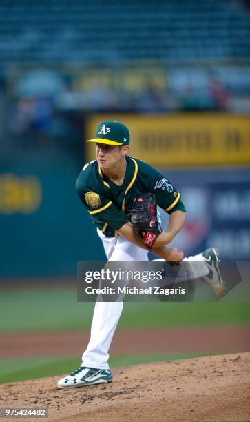 Daniel Gossett of the Oakland Athletics pitches during the game against the Tampa Bay Rays at the Oakland Alameda Coliseum on May 29, 2018 in...