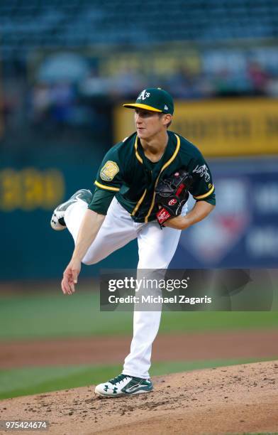 Daniel Gossett of the Oakland Athletics pitches during the game against the Tampa Bay Rays at the Oakland Alameda Coliseum on May 29, 2018 in...