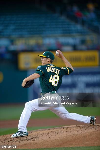 Daniel Gossett of the Oakland Athletics pitches during the game against the Tampa Bay Rays at the Oakland Alameda Coliseum on May 29, 2018 in...