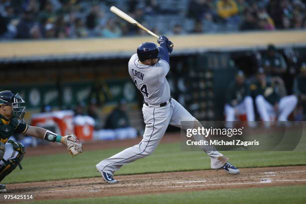 Cron of the Tampa Bay Rays hits a home run during the game against the Oakland Athletics at the Oakland Alameda Coliseum on May 29, 2018 in Oakland,...