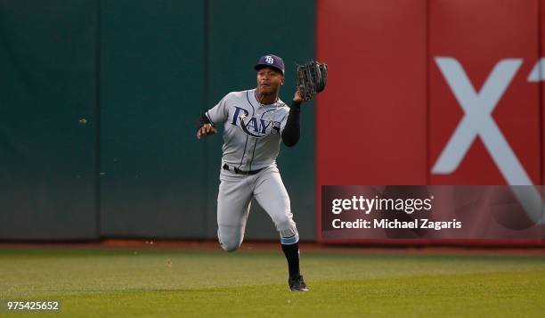 Mallex Smith of the Tampa Bay Rays fields during the game against the Oakland Athletics at the Oakland Alameda Coliseum on May 29, 2018 in Oakland,...