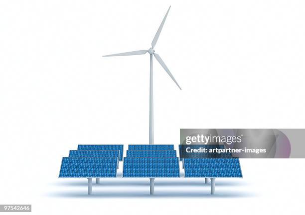 illustrazioni stock, clip art, cartoni animati e icone di tendenza di solar energy panels and a wind power generator - turbina a vento