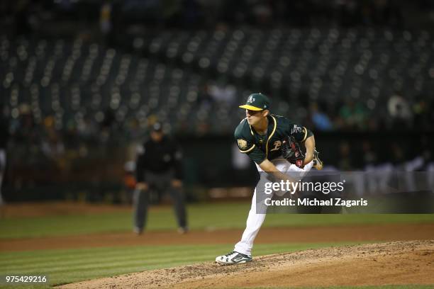 Daniel Gossett of the Oakland Athletics pitches during the game against the Tampa Bay Rays at the Oakland Alameda Coliseum on May 29, 2018 in...