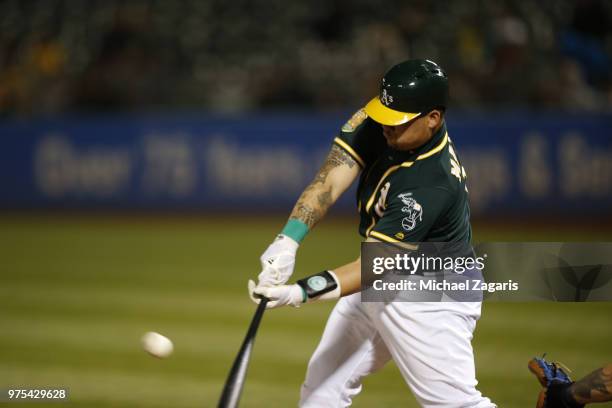 Bruce Maxwell of the Oakland Athletics bats during the game against the Tampa Bay Rays at the Oakland Alameda Coliseum on May 29, 2018 in Oakland,...