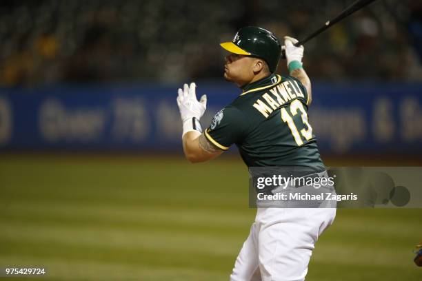 Bruce Maxwell of the Oakland Athletics bats during the game against the Tampa Bay Rays at the Oakland Alameda Coliseum on May 29, 2018 in Oakland,...