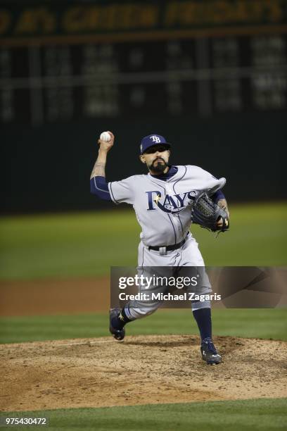 Sergio Romo of the Tampa Bay Rays pitches during the game against the Oakland Athletics at the Oakland Alameda Coliseum on May 29, 2018 in Oakland,...