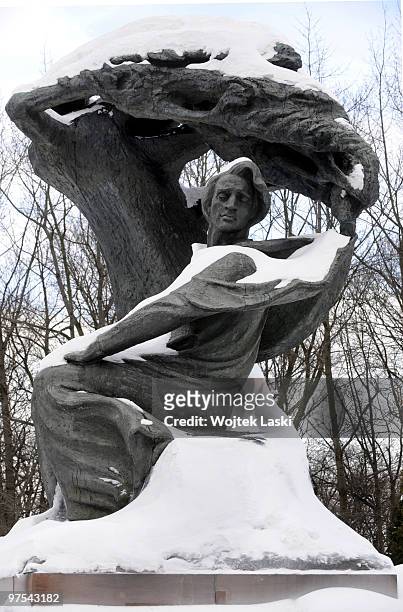 Frederic Chopin's monument by Waclaw Szymanowski covered in snow. It can be found by a small pond in the rose garden of Lazienki Park. It was finally...