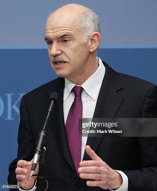 Greek Prime Minister George Papandreou speaks at the Brookings Institution on March 8, 2010 in Washington, DC. Prime Minister Papandreou spoke about...