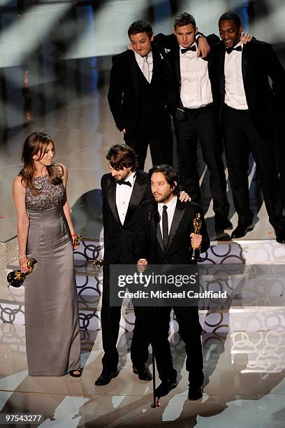 Director Kathryn Bigelow actors Jeremy Renner, Brian Geraghty, and Anthony Mackie, writer Mark Boal, and producer Greg Shapiro onstage during the...