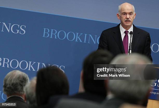 Greek Prime Minister George Papandreou speaks at the Brookings Institution on March 8, 2010 in Washington, DC. Prime Minister Papandreou spoke about...