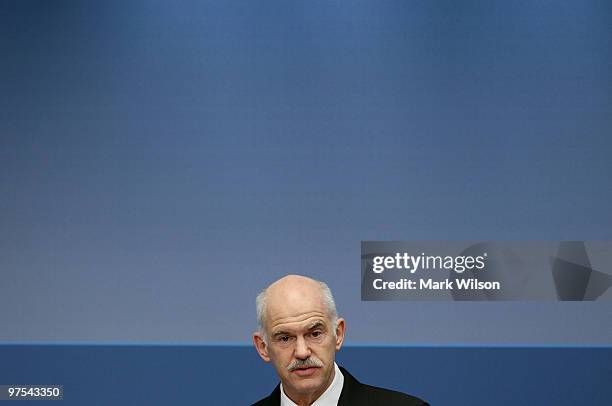 Greek Prime Minister George Papandreou speaks at the Brookings Institution on March 8, 2010 in Washington, DC. Prime Minister Papandreou spoke about...