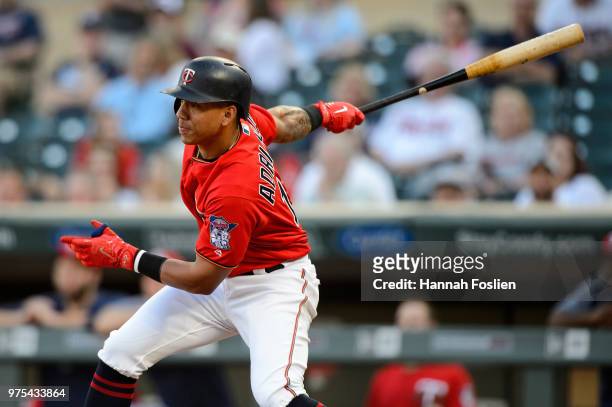 Ehire Adrianza of the Minnesota Twins takes an at bat against the Chicago White Sox during game two of a doubleheader on June 5, 2018 at Target Field...