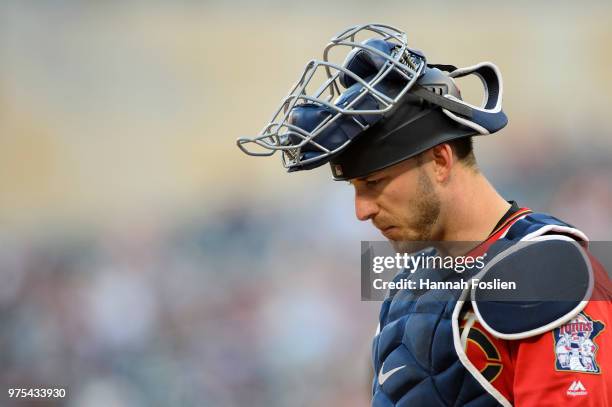 Mitch Garver of the Minnesota Twins looks on during game two of a doubleheader against the Chicago White Sox on June 5, 2018 at Target Field in...
