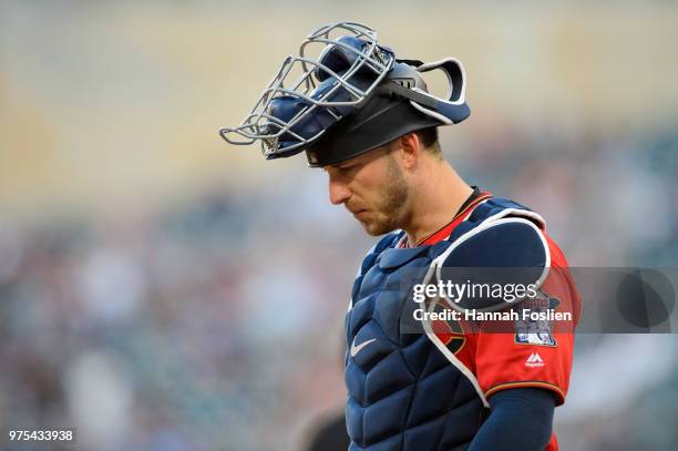 Mitch Garver of the Minnesota Twins looks on during game two of a doubleheader against the Chicago White Sox on June 5, 2018 at Target Field in...