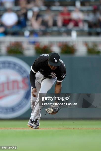 Tim Anderson of the Chicago White Sox makes a play at shortstop against the Minnesota Twins during game two of a doubleheader on June 5, 2018 at...