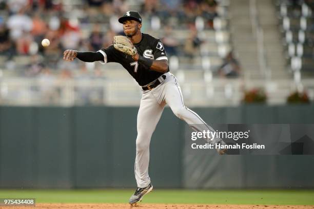 Tim Anderson of the Chicago White Sox makes a play at shortstop against the Minnesota Twins during game two of a doubleheader on June 5, 2018 at...