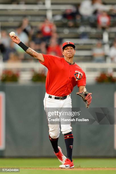 Ehire Adrianza of the Minnesota Twins makes a play at shortstop against the Chicago White Sox during game two of a doubleheader on June 5, 2018 at...