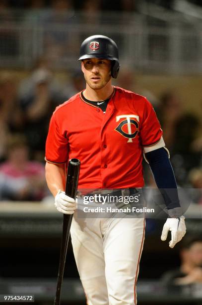 Mitch Garver of the Minnesota Twins reacts to striking out against the Chicago White Sox during game two of a doubleheader on June 5, 2018 at Target...