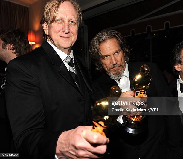 Bone Burnett and Jeff Bridges attends the 2010 Vanity Fair Oscar Party hosted by Graydon Carter at the Sunset Tower Hotel on March 7, 2010 in West...