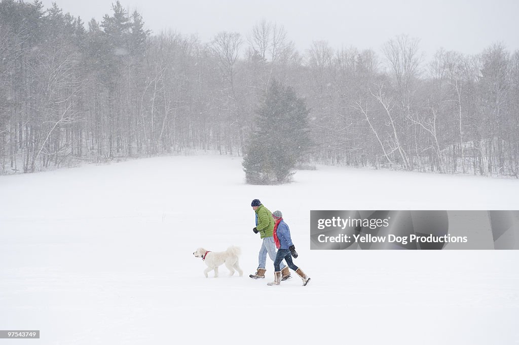Mature couple walking with dog during snow storm