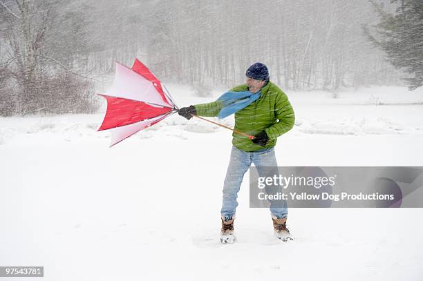 man with umbrella in snow storm - manchester vermont foto e immagini stock