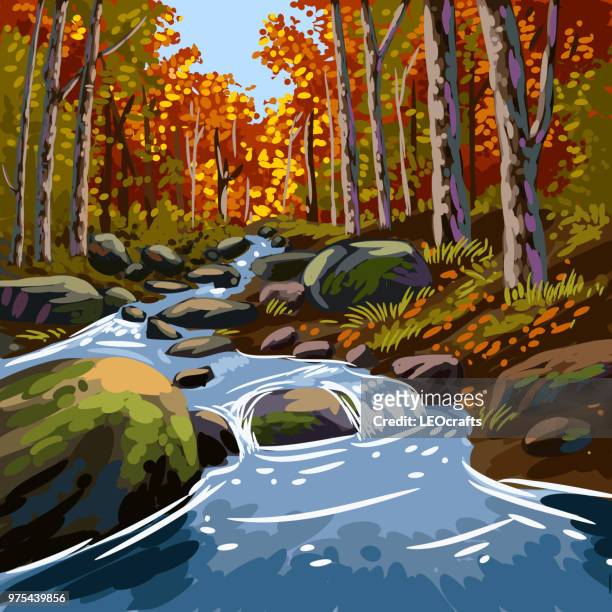 beautiful autumn landscape - stream body of water stock illustrations
