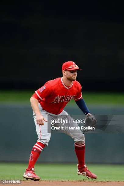 Zack Cozart of the Los Angeles Angels of Anaheim plays shortstop against the Minnesota Twins during the game on June 10, 2018 at Target Field in...