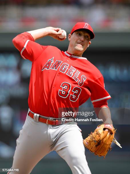 Jim Johnson of the Los Angeles Angels of Anaheim delivers a pitch against the Minnesota Twins during the game on June 10, 2018 at Target Field in...