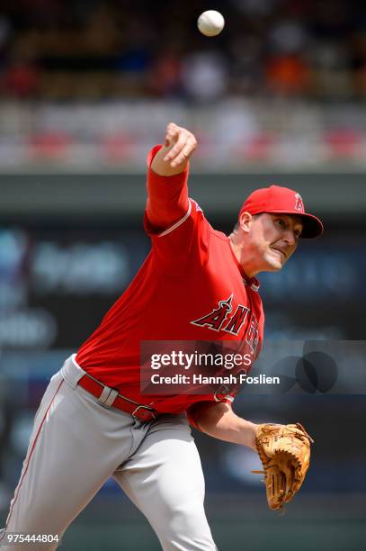 Jim Johnson of the Los Angeles Angels of Anaheim delivers a pitch against the Minnesota Twins during the game on June 10, 2018 at Target Field in...