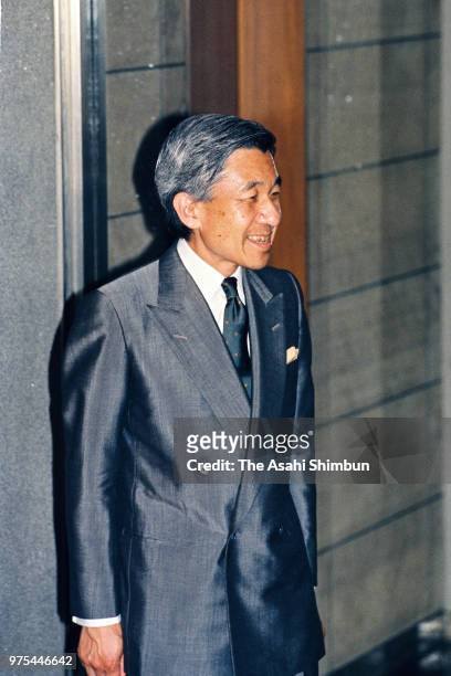 Crown Prince Akihito is seen as he sees off Prince Fumihito at Akasaka Palace on August 7, 1988 in Tokyo, Japan.