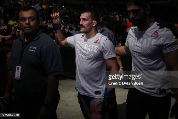 Mirsad Bektic of Bosnia celebrates after defeating Ricardo Lamas by split decision in their featherweight bout during the UFC 225: Whittaker v Romero...