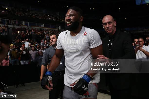 Curtis Blaydes celebrates after his TKO defeat against Alistair Overeem of England in their heavyweight bout during the UFC 225: Whittaker v Romero 2...