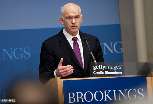 George Papandreou, prime minister of Greece, speaks at the Brookings Institution in Washington, D.C., U.S., on Monday, March 8, 2010. Papandreou said...