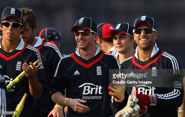 England player Paul Collingwood and team mates enjoy a joke during the 3rd ODI between Bangladesh and England at Jahur Ahmed Chowdhury Stadium on...