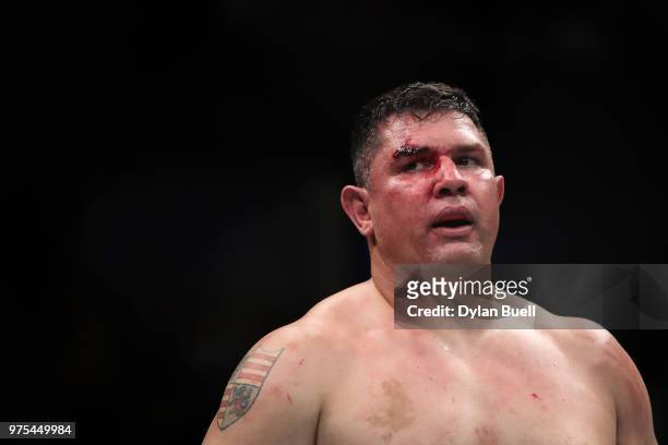 Chris De La Rocha walks across the octagon after the first round of his heavyweight bout against Rashad Couler during the UFC 225: Whittaker v Romero...